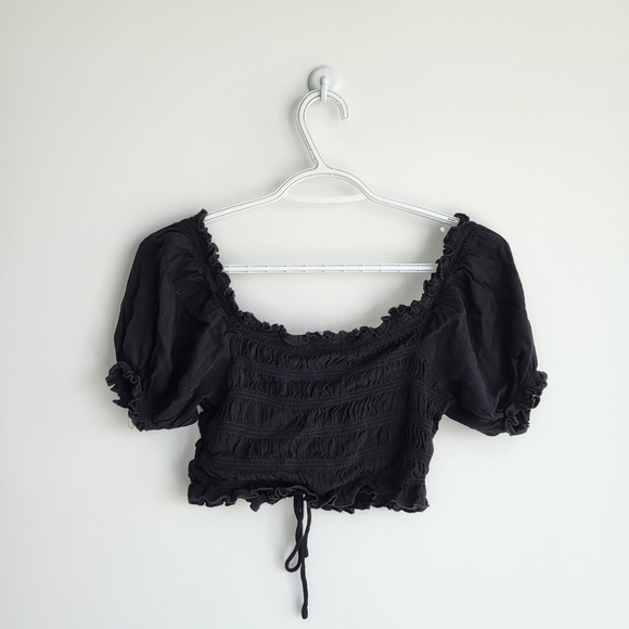 COTTON CANDY LA Black Cropped Drawstring Smocked Short Puff Sleeve Top - Picture 2 of 4